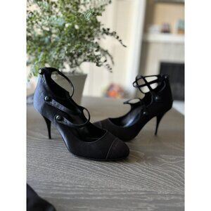 NEW CHANEL Authentic Black Satin Button Heels Cap Toe Shoes Size 39 8.5